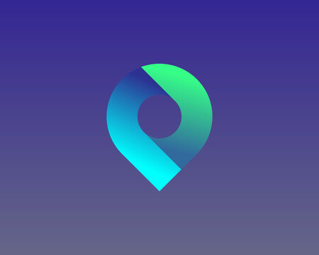 Abstract bright gradient pin logo design. Universal 3d destination, gps, navigation vector sign symbol logotype.