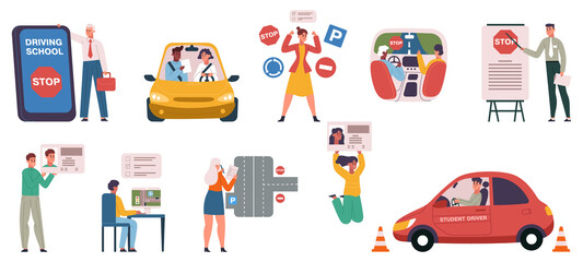 Driving auto school, driving lessons, instruction and exam scenes. Student pass computer tests and get drivers license vector illustration set. Car driving education process