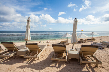 Beautiful view of Melasti Beach, a tropical beach, famous tourist destination located in Bali Island, Indonesia.