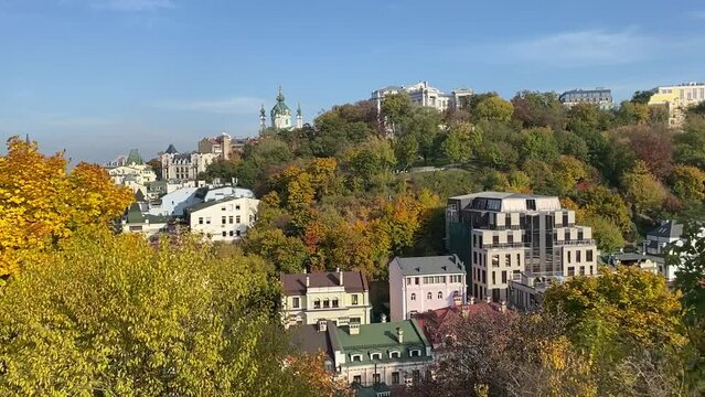 Amazing cityscape of Kiev city, capital of Ukraine. Scenic view of old town in Podol district. Kiev panorama of the old city.
