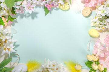 Easter holiday background with flowers and eggs