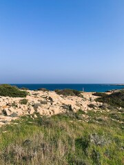 Rocky sea coastline, blue sea, seascape