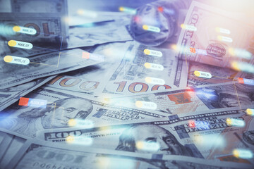 Double exposure of data theme drawing over us dollars bill background. Technology concept.