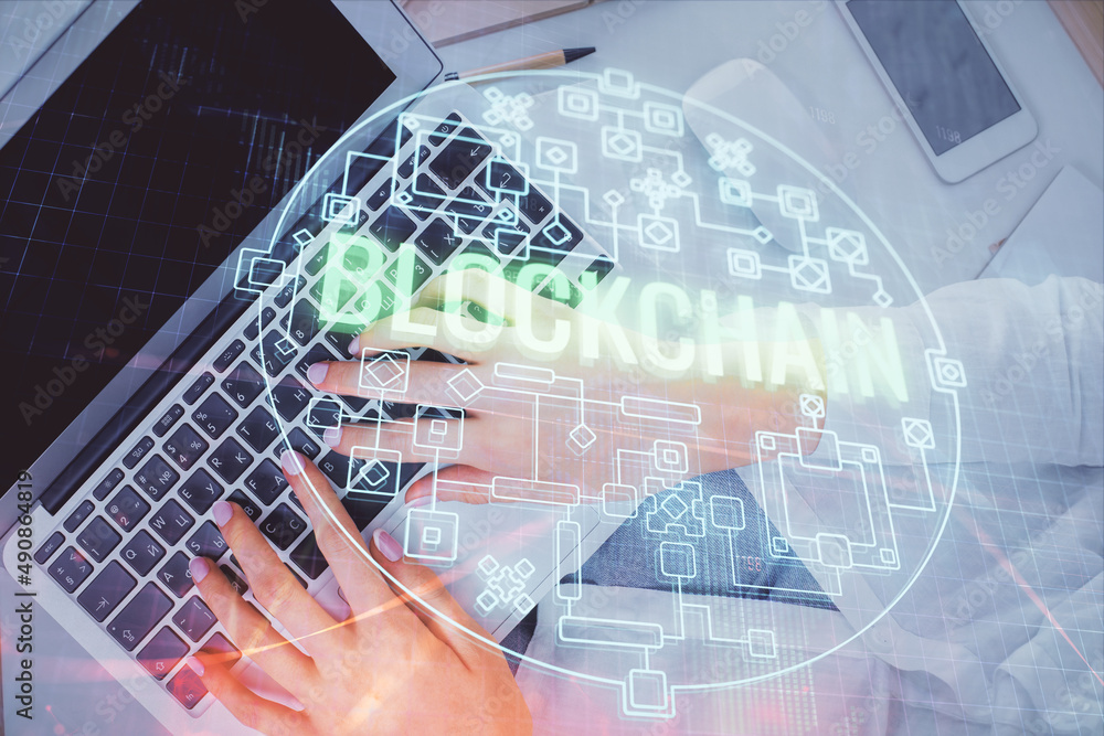 Poster Double exposure of woman hands working on computer and blockchain theme hologram drawing. Top View. bitcoin cryptocurrency concept.