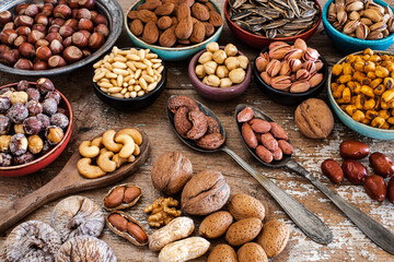Assorted selective nuts on the table.