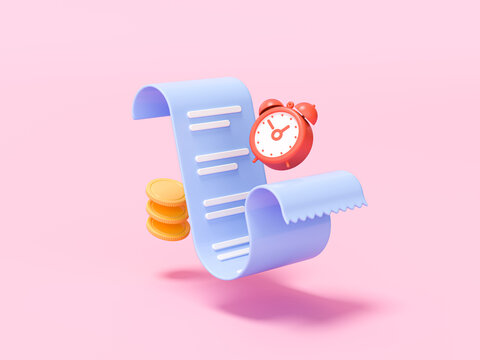 Flexible Bill with clock and golden coins on pink background. 3d render. Financial metaphor, revealing the concept of paying bills and taxes of the season.