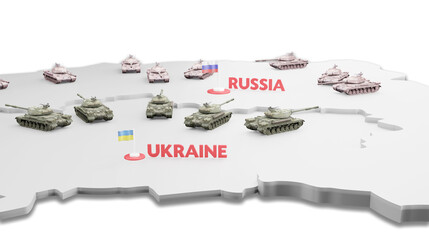 Escalation of the conflict on the border of Ukraine with Russia - concept of a 3d map with tanks deployed on both sides of the conflict - 3D render