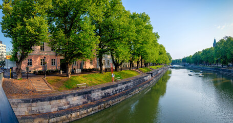 A pedestrian street on a sunny morning photographed from the Library Bridge in Turku, Finland. In...