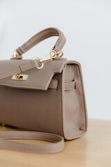 Fashionable women's small leather clutch bag with strap. Isolated on a white background. Traditional clutch bag with a brooch. Gold hardware. Close-up details of the bag. Bottom, handles, strap, clasp