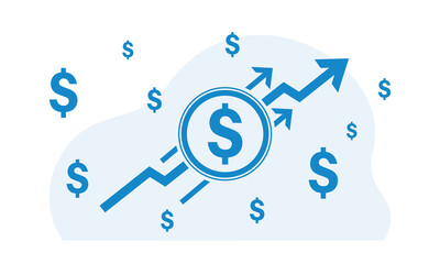 Vector illustration of dollar rate increase icon. Money symbol with stretching arrow up. Increase profit, salary, income, cost, price, economy and revenue. Icon for business concept.