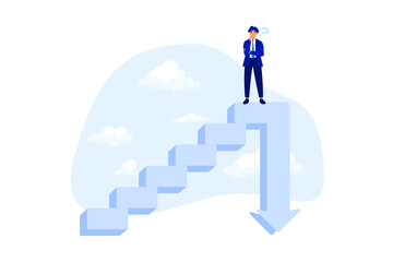 Fototapeta premium Stock market decline in crisis or bubble burst, investment or economic recession, career dead end or financial risk concept, frustrated businessman investor climb up stair with arrow down on top.