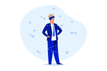 Narcissist people, extreme self involvement too much confident disorder, so proud attitude egocentric person, narcissism businessman admire himself and proud of his crown with love and stars around.