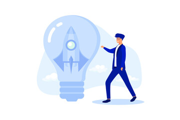 	
Entrepreneurship, setting up new business, motivation to create new business idea and make it success concept, businessman start up company owner standing with innovative rocket inside lightbulb ide