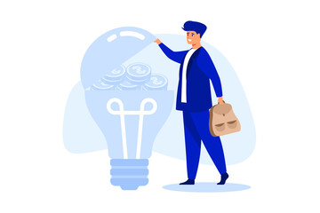 Make money idea, innovation or technology investment or creativity to make profit concept, smart businessman open bright lightbulb idea and found compound earning profit money coins.