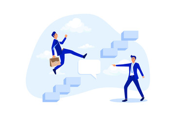 Expert advice or intelligence information to solve business problem, professional consultant or support giving solution concept, businessman expert with speech bubble help connect stairway to success.
