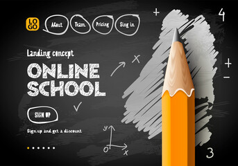 Online School web banner. Digital internet tutorials and courses, online education, e-learning. Doodle style