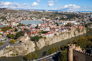 Fototapeta na wymiar View of Narikala Fortress And the old city of Tbilisi, the capital of Georgia.