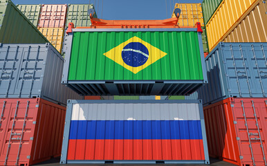 Cargo containers with Russia and Brazil national flags. 3D Rendering 