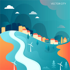 Vector illustration of a city view with houses and windmills. City with suburban houses. Vector poster.