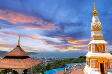 Buddah temple with beautiful views from top of mountain of Patong Phuket Thailand. Buddha religious...