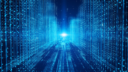 Digital cyberspace city with particles and digital data network connections concept.The smart city of Futuristic technology internet and big data.