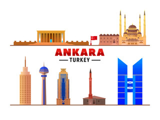 Ankara (Turkey) top landmarks at white background. Flat vector illustration. Business travel and tourism concept with modern and old buildings. Image for banner or website.