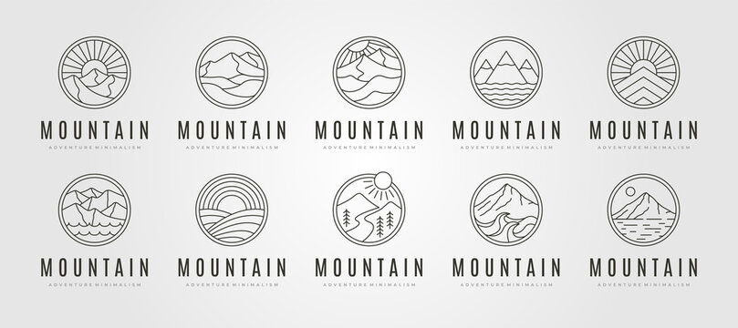 set bundle mountain icon logo vector symbol illustration design, mountain landscape line art design