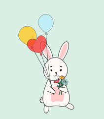 Cute Easter bunny holding balloons and floral bouquet. Vector illustration for poster, banner, sale, print, party.