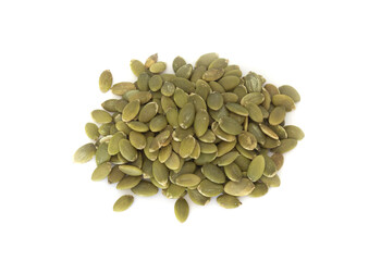 Heart Healthy Pumpkin Seeds or Pepitas in Heap or Pile Isolated on White in High Angle Shot