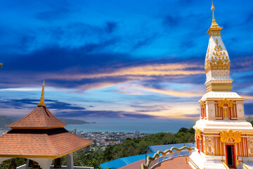 Buddah temple with beautiful views from top of mountain of Patong Phuket Thailand. Buddha religious...