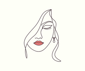 Line Art Drawing Woman Face Earring Lipstick Linear Artwork
