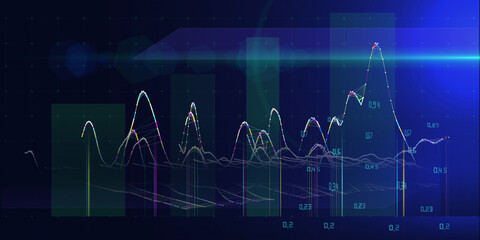 Abstract  background with color wireframe and data on blue. Visual presentation of analysis research algorithms. Technology science concept. Banner for business, science and technology. Big Data.