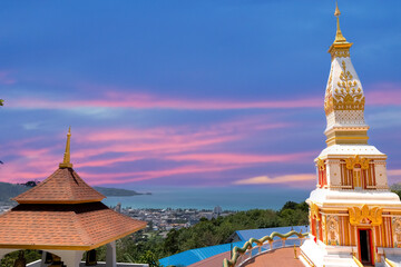 Buddah temple with beautiful views from top of mountain of Patong Phuket Thailand. Buddha religious...