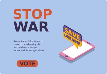 Website banner. Mockup of a mobile phone and notification help (save) to Ukraine. Donate Ukraine. Every vote matters. 3d isometric vector illustration. Popular flat colors.