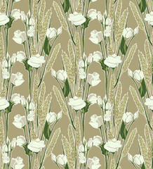 Seamless pattern natural colors of ears and eustoma digital illustration