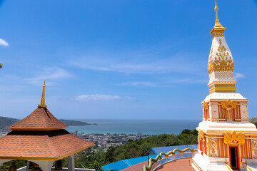 Buddah temple with beautiful views from top of mountain of Patong Phuket Thailand. Buddha religious...