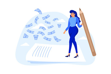 Make money from writing blog online, monetize content, get income or earning from affiliate links concept, success freelance woman blogger or writer catching money banknotes fall from the sky.