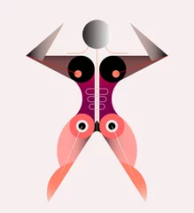 Gordijnen Gekleurde afbeelding geïsoleerd op een witte achtergrond Bauhaus vrouwelijke bodybuilder Model vectorillustratie. Abstract ontwerp van gespierde menselijke figuur met open benen en handen omhoog. ©  danjazzia