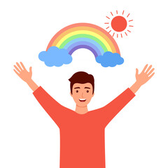 Smiling happy man with rainbow, sun and cloud in flat design on white background. Happiness and cheerful emotions.