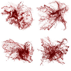 Collage of red liquid splashes. Liquid with splashes on a white background. A splash of wine or blood.