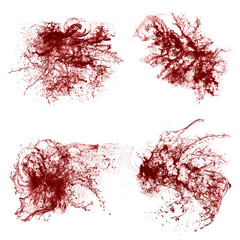 Collage of red liquid splashes. Liquid with splashes on a white background. A splash of wine or blood.