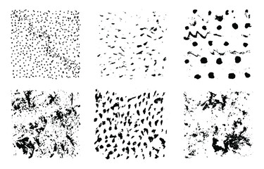 Texture of ink, watercolor or gouache stains and splashes on a white background. Set of monochrome abstract textures. Vector illustration.