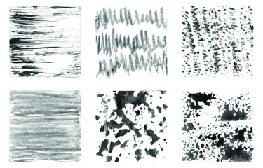 Texture of ink, watercolor or gouache stains, stripes, zigzag, splashes on a white background. Set of monochrome abstract textures. Vector illustration.