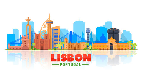 Lisbon ( Portugal ) skyline with panorama in white background. Vector Illustration. Business travel and tourism concept with modern buildings. Image for presentation, banner, website.