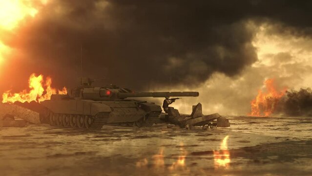 Animation of Tank shoots to the enemy. Explosion and firestorm. 