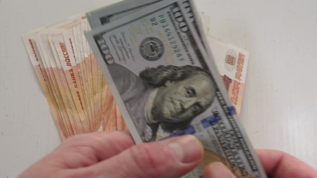 Russian rubles and American dollars, footages taken in close-up