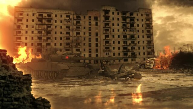 Tank fired near damage building. Explosion and firestorm. Soldier shoots to the enemy. War concept.