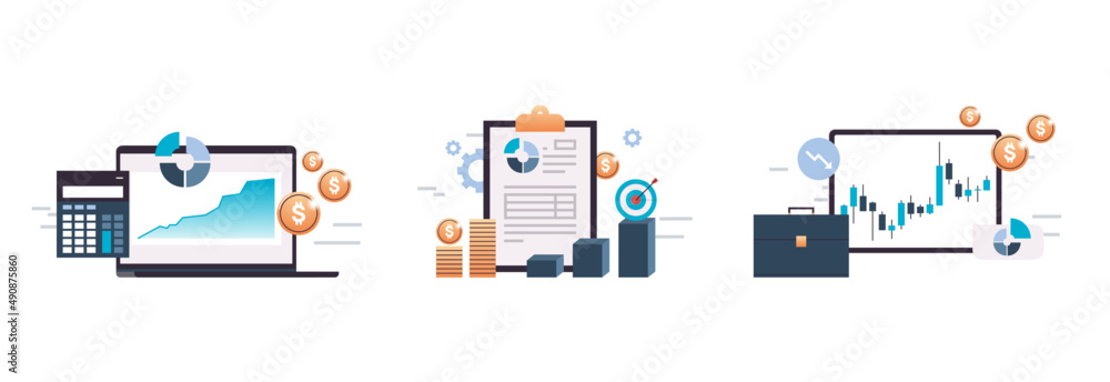 Poster digital tablet computer analyzing sales data, data management system and business strategy concept f