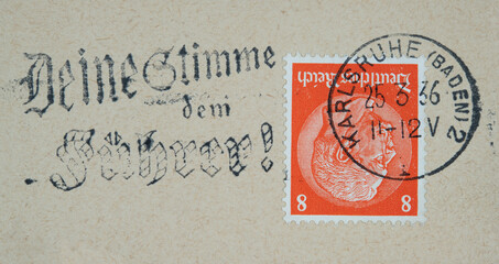 briefmarke stamp used gebraucht vintage retro alt old gestempelt cancel papier paper slogan werbung werbestempel NS werbeklischee deutsches reich führer orange karlsruhe