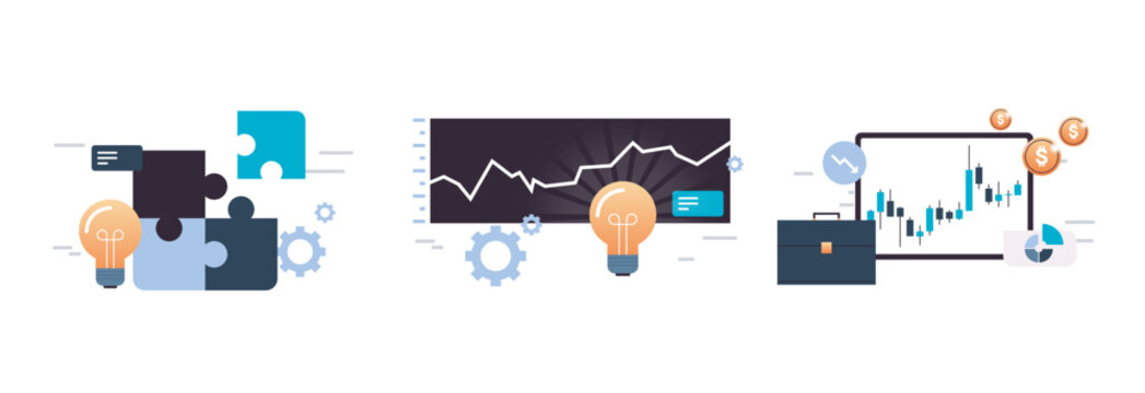 Problem solving metaphors and effective teamwork, strategic business planning and digital tablet computer analyzing sales data concept flat vector illustration.
